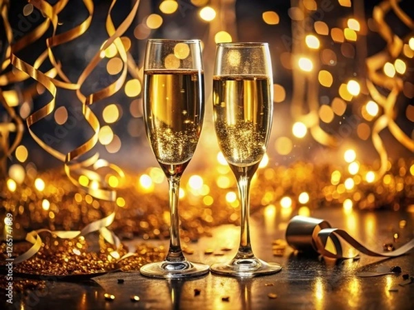 Fototapeta Elegant New Year's Eve Champagne Toast: Golden Streamers & Confetti