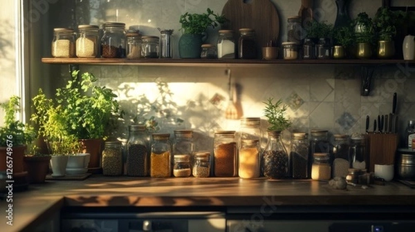 Fototapeta Variety of spices and herbs on kitchen table.