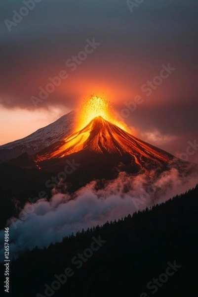 Fototapeta Volcano erupting at dusk, with lava flowing down in a volcanic landscape scene