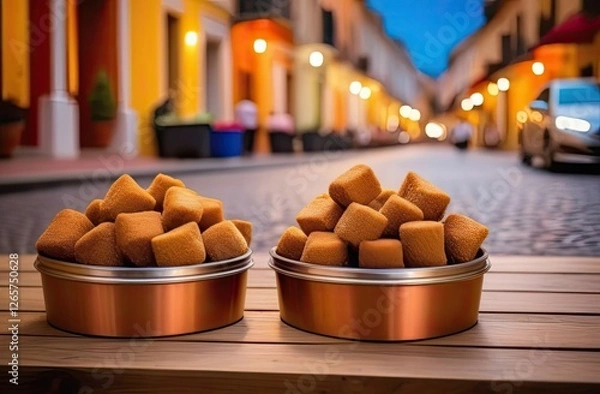 Fototapeta Animal food concept. Two plates of dog food stand on a bench on an empty street. The soft light of street lamps illuminates the environment, creating a cozy atmosphere