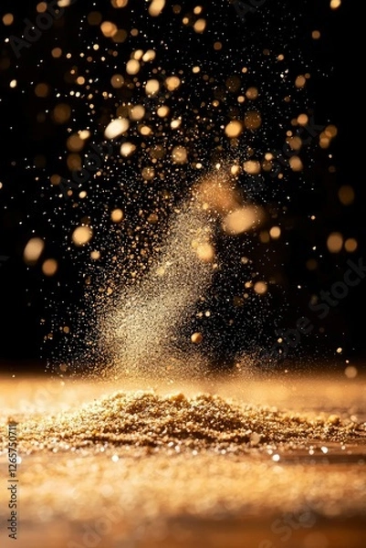 Fototapeta Ground spice explodes on wood table. Backlit, black backdrop. For cooking concepts