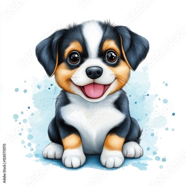 Obraz Cheerful Cartoon Dog with Big Eyes and Playful Expression Surrounded by Soft Blue Watercolor Background