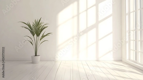 Fototapeta A bright, minimalist empty white room with a wooden floor and a single potted plant.