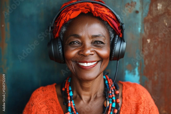 Fototapeta A smiling African American grandmother wearing headphones, set against a dark chocolate wall, conveying the joy of music enjoyment or learning in a warm and inviting atmosphere