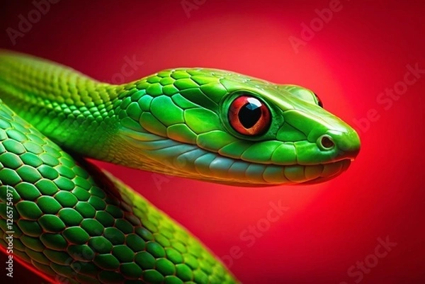 Fototapeta Emerald Green Snake Intense Gaze Vibrant Red Background Stock Photo