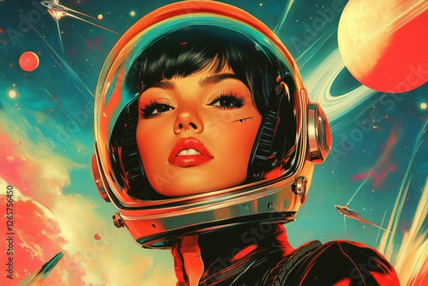 Fototapeta A vintage sci-fi poster features a fearless, glamorous girl in a futuristic space helmet and jetpack, boldly promoting women in the space force with planets and rocket ships in the background
