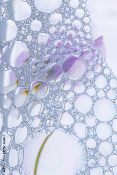 Fototapeta Soap bubbles in water with a flower in the background. Experience between art and science. Abstract composition. 