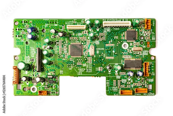 Fototapeta Electronic board with radio components, connectors, slots and processor chip from an electronic device, close-up top view. Copy space