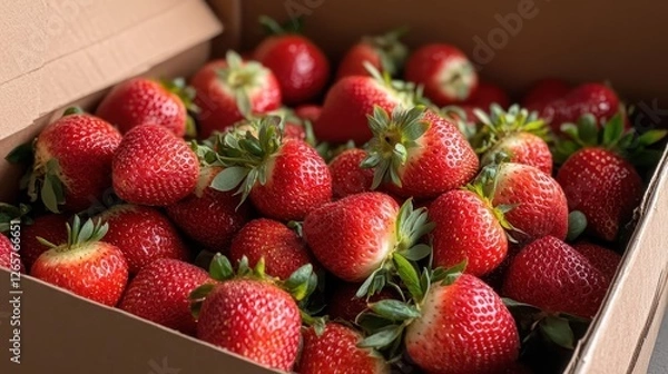 Fototapeta A cardboard box filled with ripe, bright red strawberries showcases the allure of fresh fruit, inviting you to indulge in its sweet and juicy flavor.
