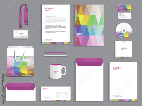 Obraz Business stationery set template, corporate identity design mock-up with coloured triangles