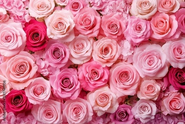 Fototapeta A soft pastel background featuring an array of delicate pink roses, creating a romantic and dreamy atmosphere for Valentine's Day or special events