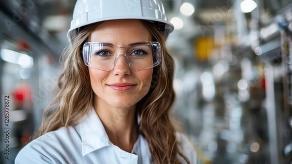 Fototapeta A confident female engineer with glasses and a helmet poses in an industrial setting, showcasing professionalism and dedication to safety in her field of expertise.