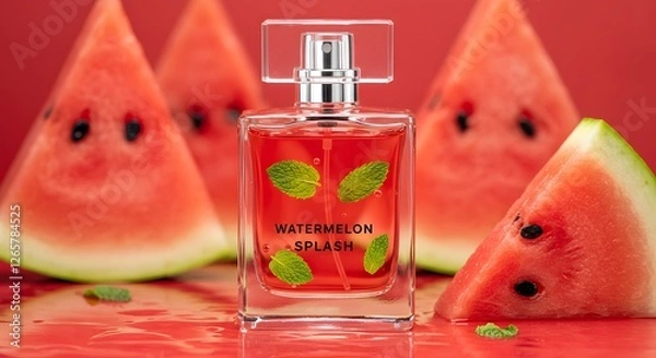 Fototapeta Refreshing Watermelon Splash Perfume: A Vibrant Summer Fragrance with Juicy Fruit Notes. mockup image

