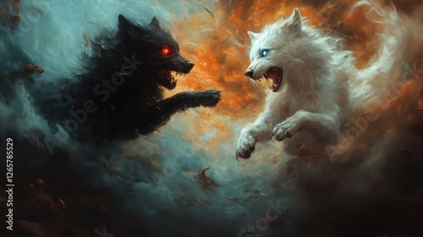 Fototapeta Battle of the black and white wolf – eternal fight between good and evil