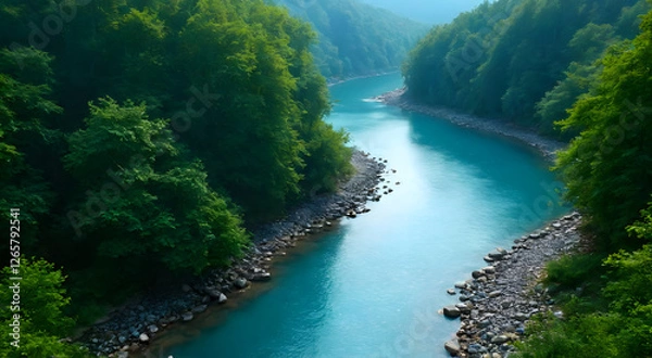 Fototapeta An aerial view of a meandering river amidst dense green forest. Beautiful rocks line the riverbank, surrounded by lush nature, emphasizing the beauty of nature and tranquility.