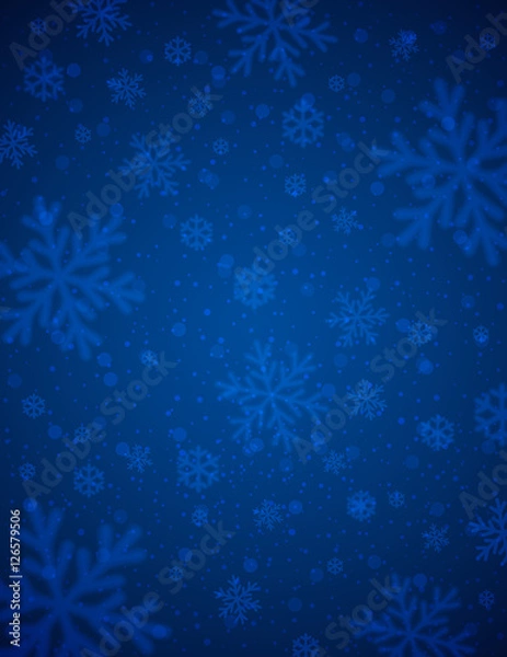 Obraz Blue  background with white blurred snowflakes, vector