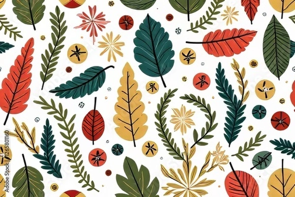 Obraz Colorful Botanical Pattern with Leaves and Flowers