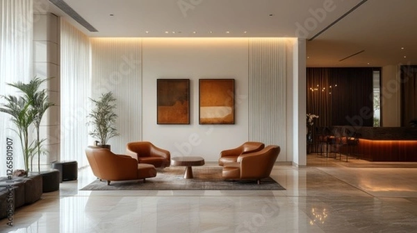 Fototapeta Modern lobby features leather chairs paintings and a reception desk