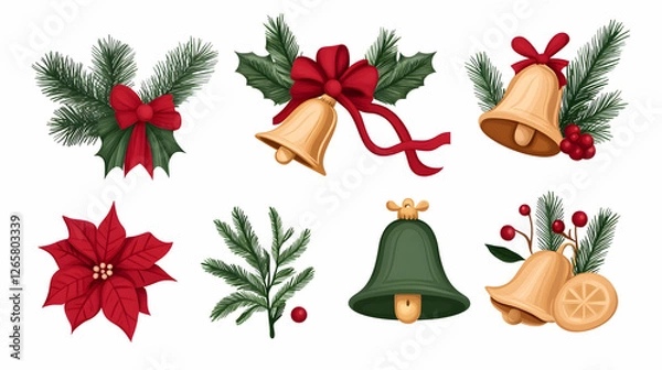 Fototapeta Christmas decorations bells, flowers, bows and pine branches for Xmas projects