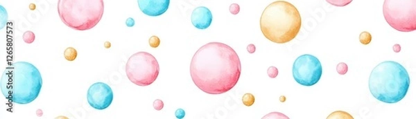 Fototapeta A vibrant pattern featuring colorful watercolor bubbles in pink, blue, and gold against a white backdrop, This design can be utilized for invitations, stationery, or playful branding projects,