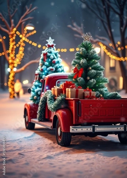 Fototapeta Festive red truck with gifts and decorated christmas tree in snowy winter banner bokeh red bokeh abstract background glow design light texture effect sparkle