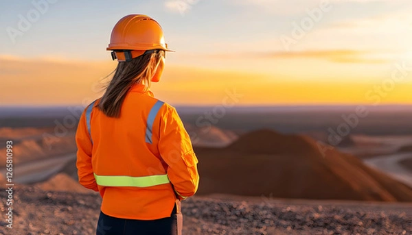 Fototapeta Female miner views sunset from site after shift. Mining safety at sunset background