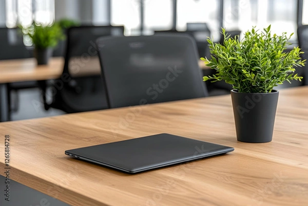 Obraz Laptop and plant sit on a table in a modern office. For technology or design