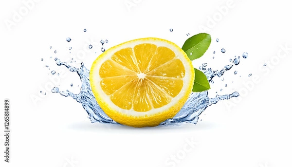 Fototapeta Lemon slice splashing water on white background for advertising fresh drinks