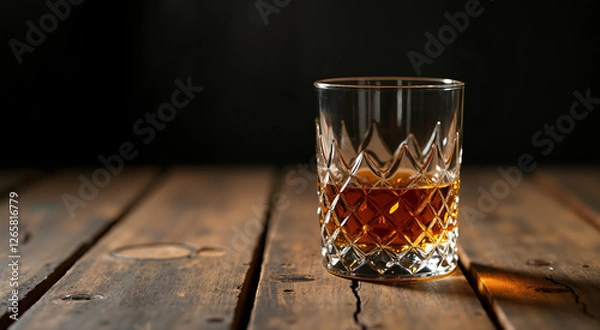 Fototapeta Elegant crystal glass with amber liquid on rustic wooden table. The warm lighting highlights the rich texture of the old wooden planks.