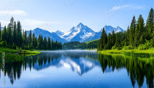 Fototapeta Mountains reflected in calm lake. Evergreen forest, scenic backdrop for travel, nature