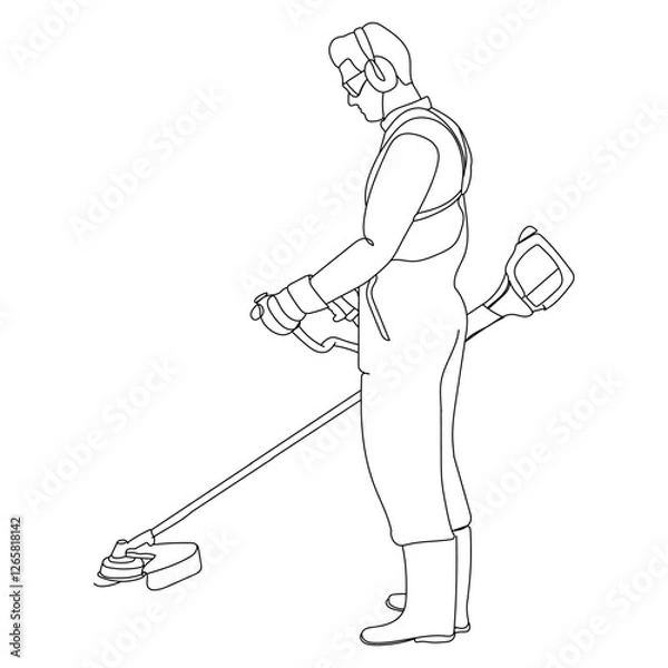 Fototapeta dessin en ligne continue d'un jardinier utilisant une débroussailleuse, line art, vecteur