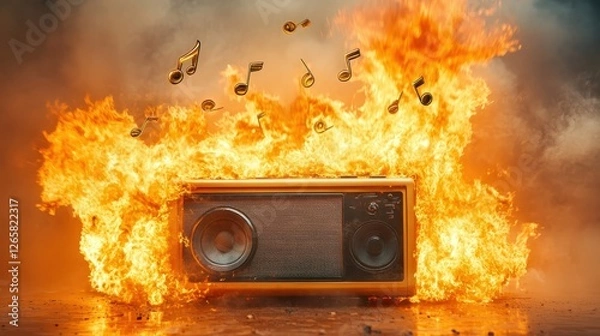 Fototapeta A retro-style radio set in flames with musical notes emerging symbolizes the impact of sound and emotions, illustrating a unique blend of nostalgia and artistic interpretation.