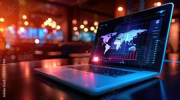 Fototapeta Close-up of a laptop displaying a glowing sales dashboard with graphs and charts, showcasing business analytics, data visualization, and performance tracking for corporate strategy and decision-making