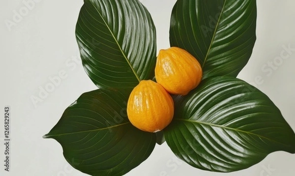 Obraz Yellow fruits nestled in green leaves on white.  Tropical still life for food blog or health website