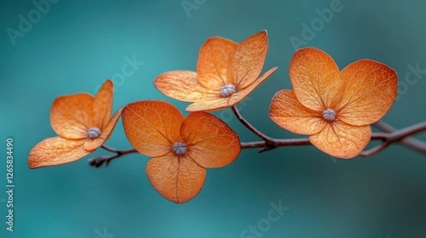 Fototapeta Delicate orange flowers on branch, teal background, nature close-up
