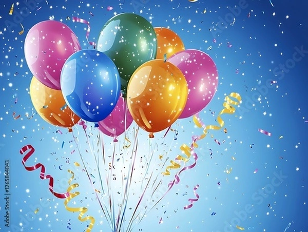 Fototapeta Bright, colorful birthday background with shiny balloons, ribbons, and streamers in the air.