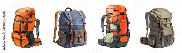 Fototapeta Collection of Tourist Backpack Isolated on Transparent Background – Minimalist Travel Essential	
