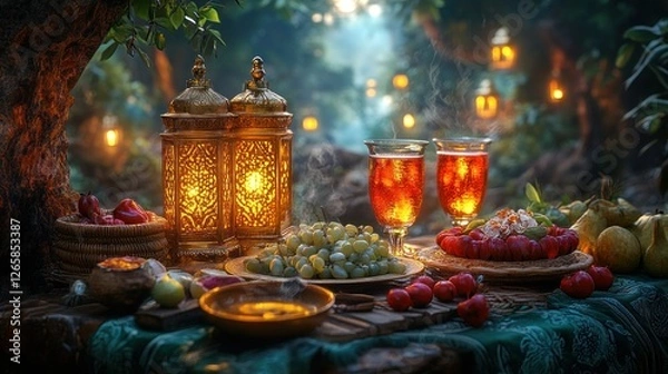 Fototapeta Enchanted forest picnic, lanterns and drinks, sunset ambiance