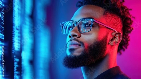 Fototapeta A man wearing glasses is absorbed in observing an illuminated computer screen, surrounded by vibrant blue and pink lighting in a modern setting.