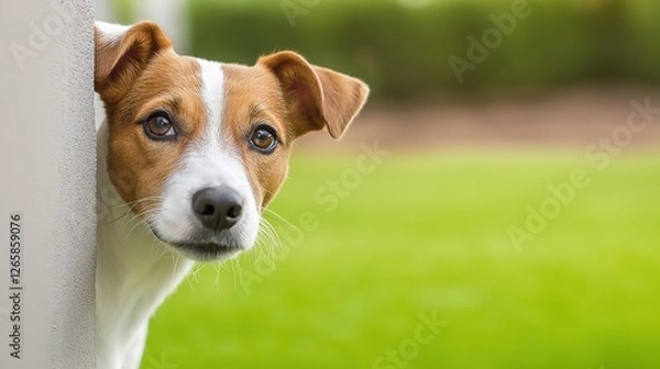 Fototapeta A dog is looking out of a window. The dog is brown and white. The grass is green