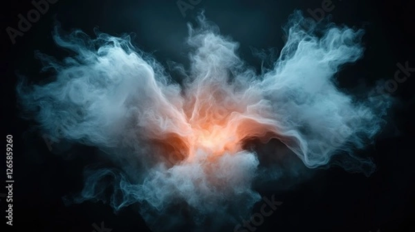 Obraz An ethereal formation of white smoke surrounds a vibrant orange glow at its center, creating an abstract and captivating effect on a dark backdrop.