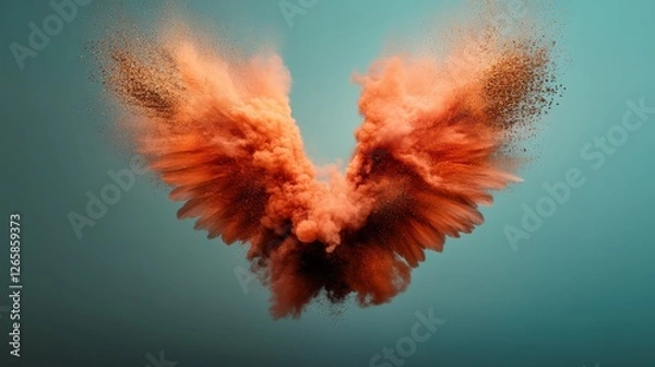 Obraz An explosive burst of orange powder captured in mid-air, forming a captivating motion-filled shape, symbolizing energy and creativity in an abstract setting.