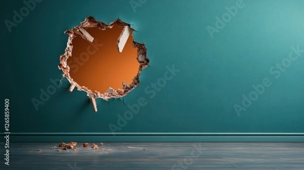 Obraz An interior wall shows a large, jagged hole revealing a bright orange background. Debris litter the floor, creating a striking visual contrast in the room.