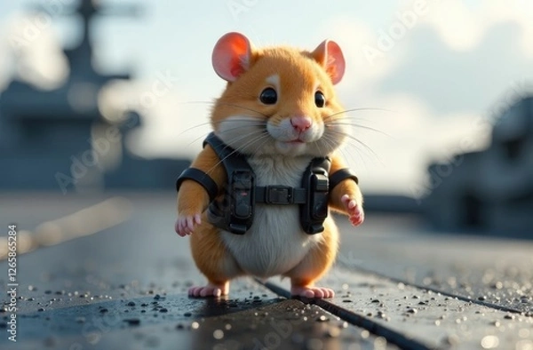 Fototapeta a cute fluffy hamster pilot walking on a military aircraft carrier, unreal engine render. High quality photo