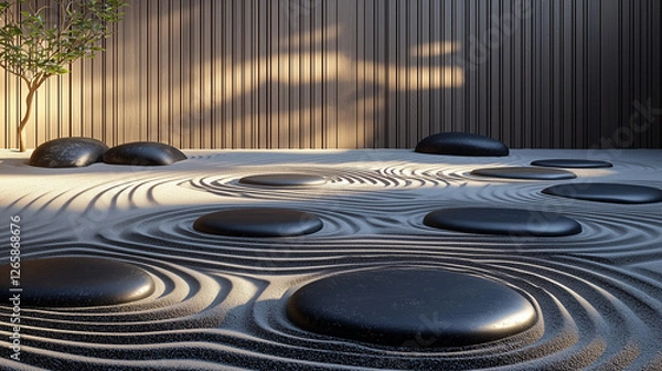 Fototapeta Tranquil Japanese Zen Garden with Raked Sand Patterns and Smooth Black Stones – Minimalist and Peaceful Aesthetic Wallpaper