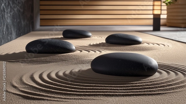 Fototapeta Tranquil Japanese Zen Garden with Raked Sand Patterns and Smooth Black Stones – Minimalist and Peaceful Aesthetic Wallpaper