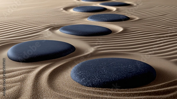 Fototapeta Tranquil Japanese Zen Garden with Raked Sand Patterns and Smooth Black Stones – Minimalist and Peaceful Aesthetic Wallpaper