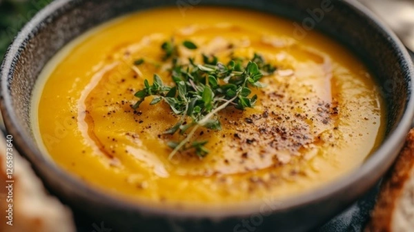 Fototapeta Close-up of a vibrant vegetable soup in a bowl garnished with fresh herbs served with whole grain bread with rustic lighting