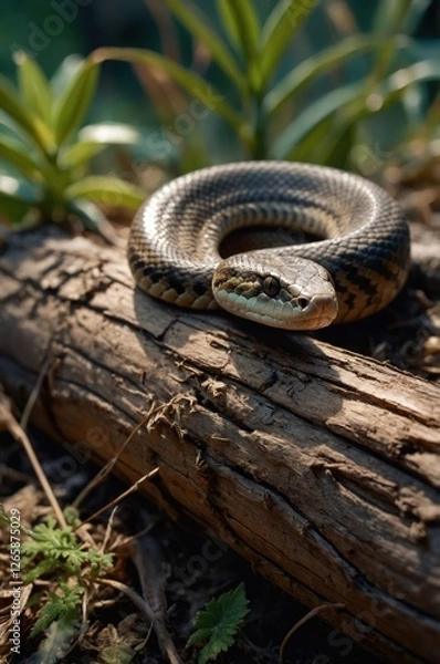Fototapeta A snake resting on a log surrounded by greenery in a natural setting.