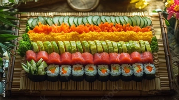 Fototapeta Vibrant Presentation of Colorful Vegan Sushi Platter on Bamboo mat Sushi Mat with Colorful sushi elements